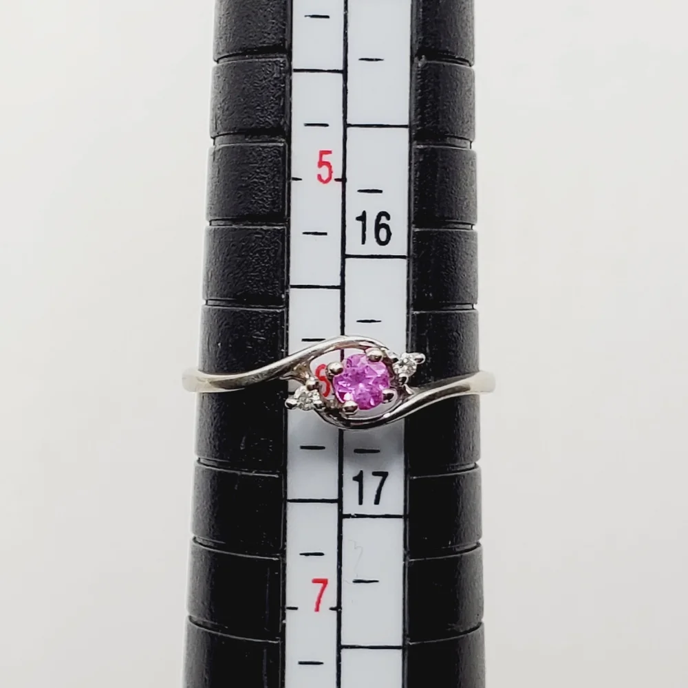 10k Solid White Gold Genuine Pink Sapphire & Diamond Ring - Picture 6 of 7
